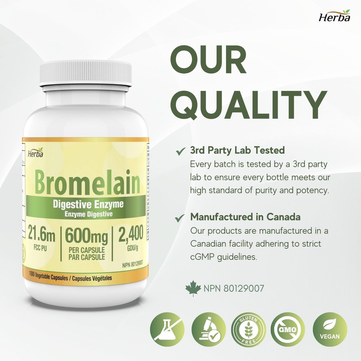 Bromelain Supplement 600mg – 180 Capsules | 2,400 GDU/g Max Potency - Herba