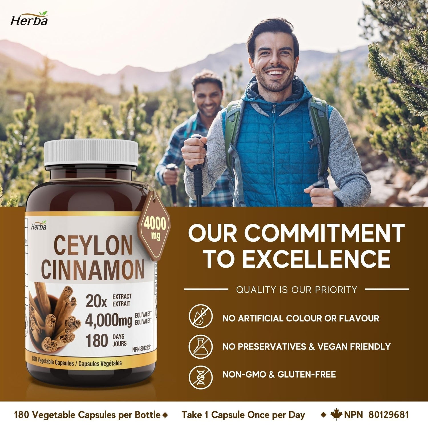 Ceylon Cinnamon Capsules 4000mg - 180 Vegetable Capsules | 20:1 Extract | Made in Canada - Herba