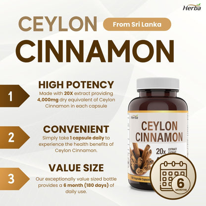 Ceylon Cinnamon Capsules 4000mg - 180 Vegetable Capsules | 20:1 Extract | Made in Canada - Herba