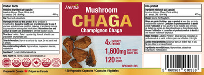 Chaga Mushroom Capsules 400mg - 120 Vegetable Capsules | 4:1 High Concentrate - Herba