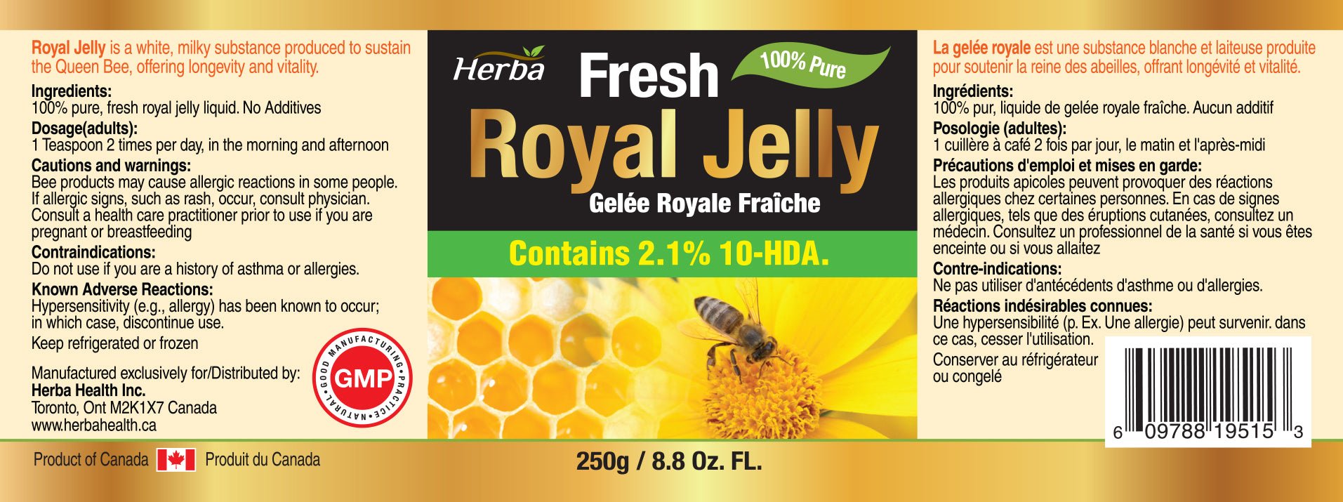 Fresh Royal Jelly - 250g - Antioxidant - Support Vitality, Hormonal Regulation and Immunity - 100% Natural - Herba