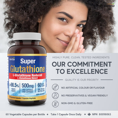 Glutathione Supplements 500mg, 60 Vegetable Capsules - L - Glutathione Reduced Active Form - Herba