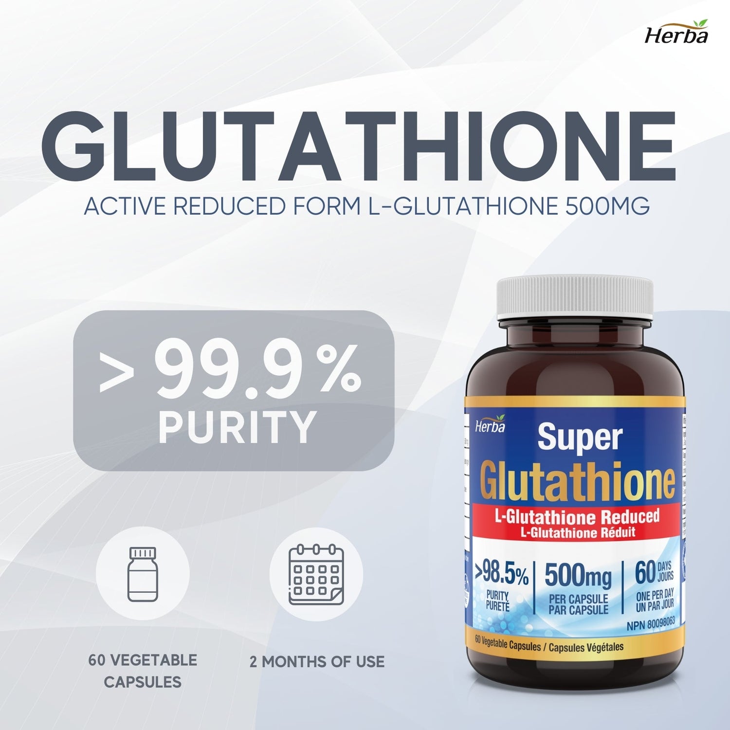 Glutathione Supplements 500mg, 60 Vegetable Capsules - L - Glutathione Reduced Active Form - Herba