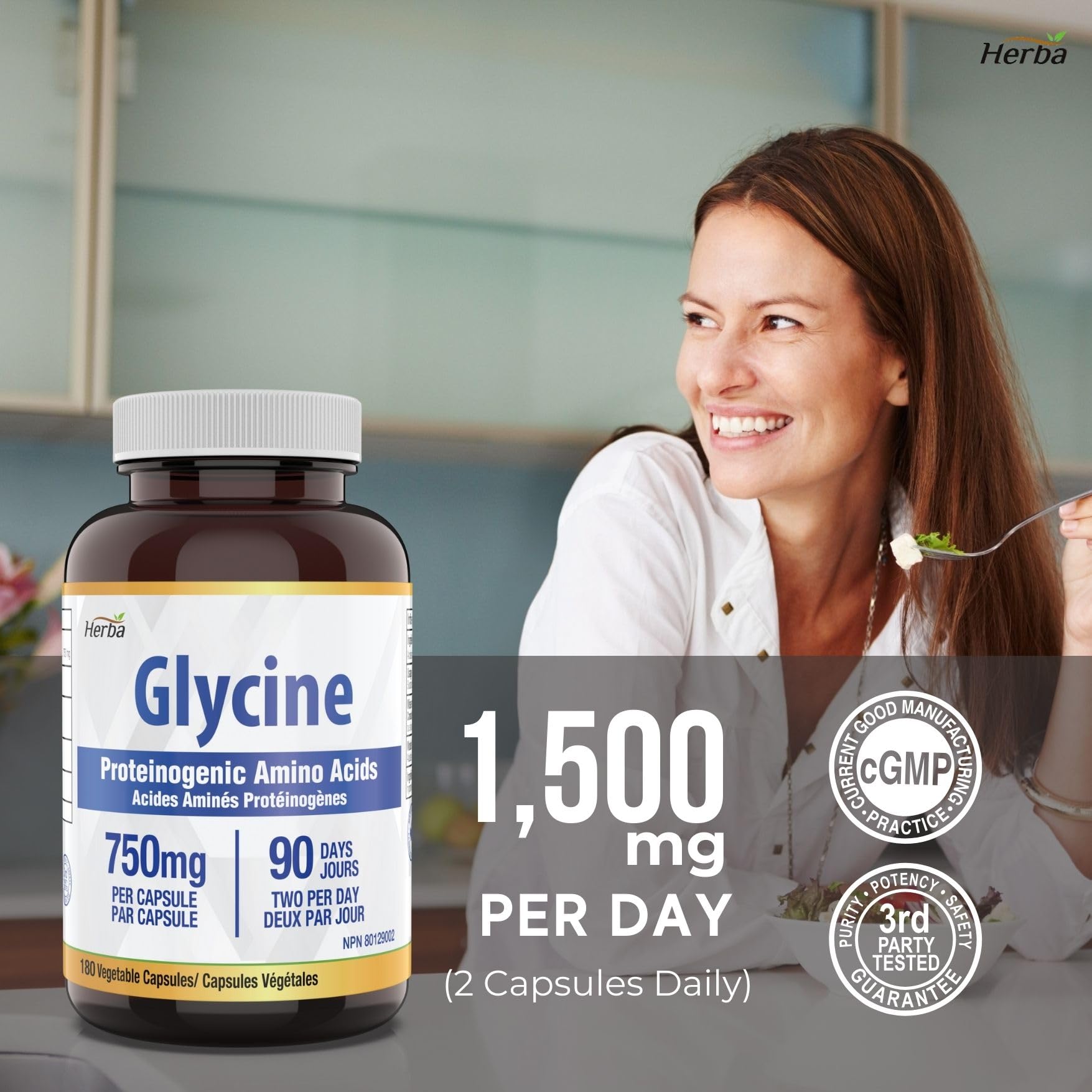 Herba Glycine Supplement 750mg - 180 Capsules - &gt;99% Ultra Pure Glycine Capsules | Made in Canada - Herba