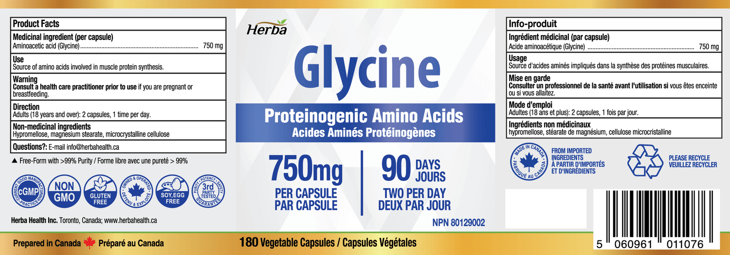 Herba Glycine Supplement 750mg - 180 Capsules - &gt;99% Ultra Pure Glycine Capsules | Made in Canada - Herba