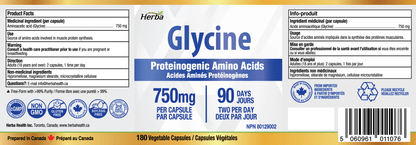 Herba Glycine Supplement 750mg - 180 Capsules - &gt;99% Ultra Pure Glycine Capsules | Made in Canada - Herba