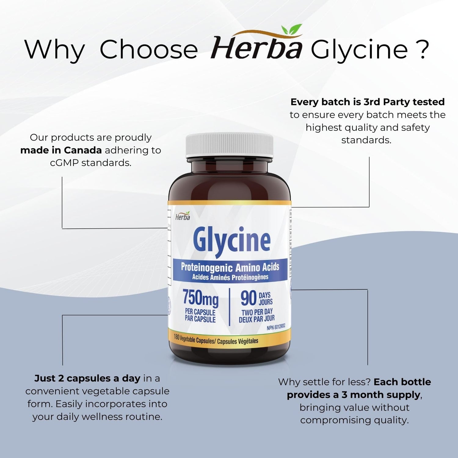 Herba Glycine Supplement 750mg - 180 Capsules - &gt;99% Ultra Pure Glycine Capsules | Made in Canada - Herba