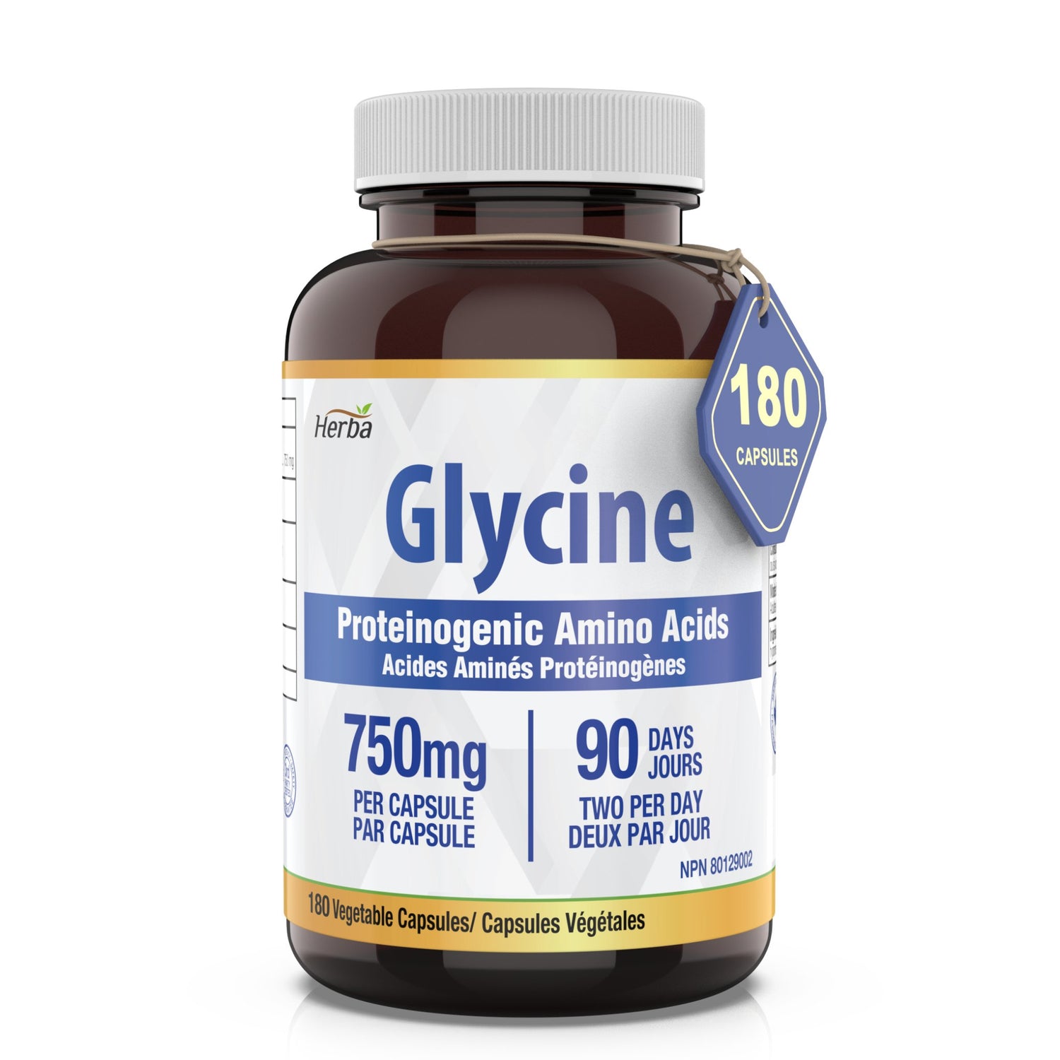 Herba Glycine Supplement 750mg - 180 Capsules - &gt;99% Ultra Pure Glycine Capsules | Made in Canada - Herba