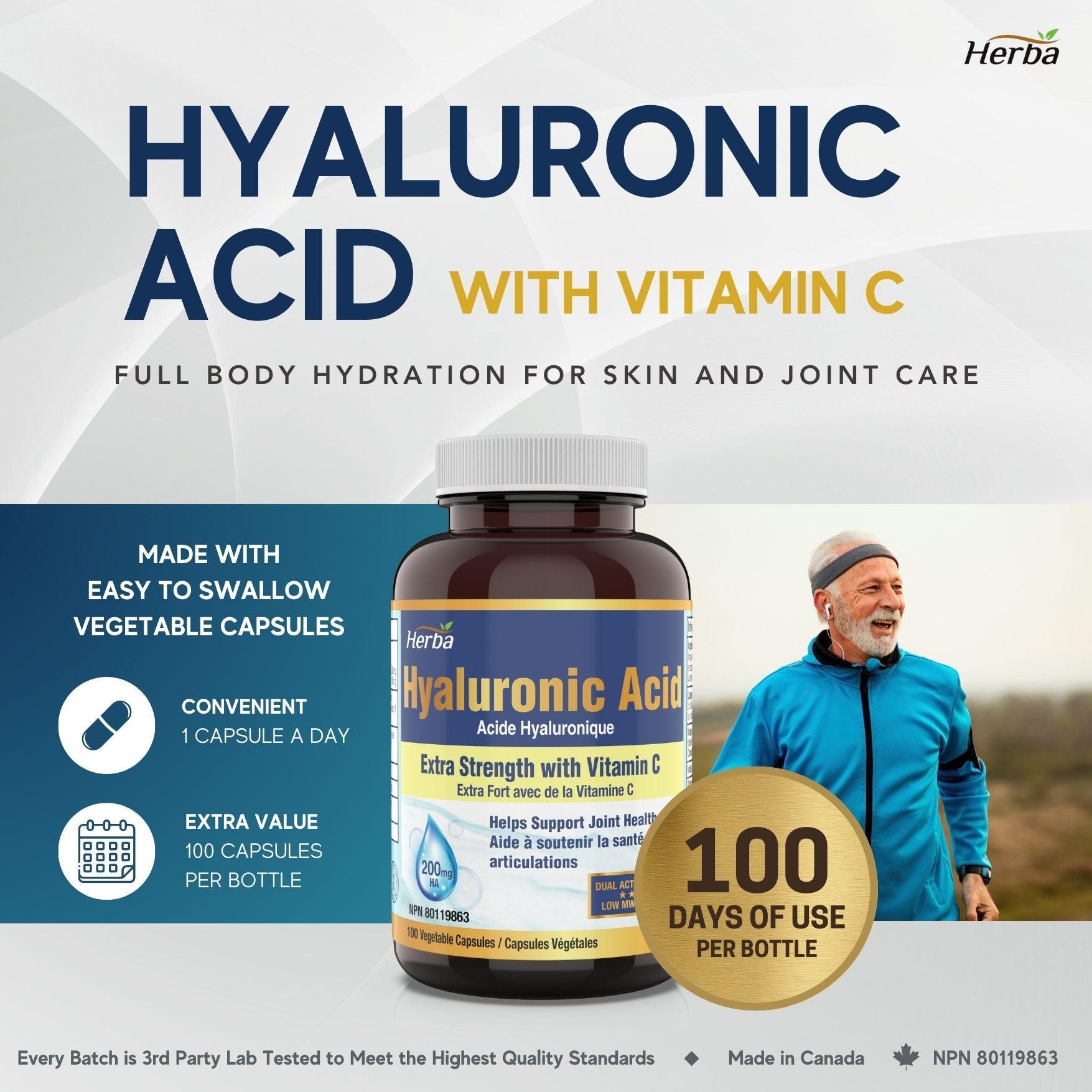 Hyaluronic Acid Supplement 200mg with Vitamin C - 100 Vegetable Capsules - Herba