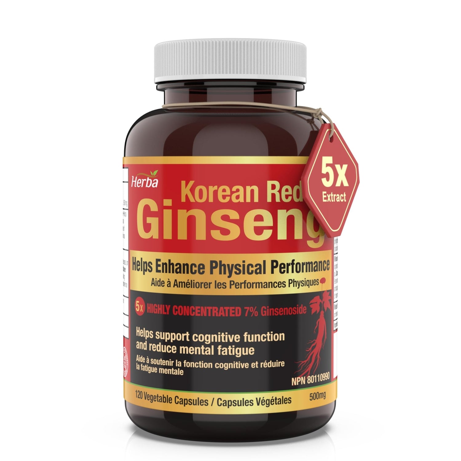 Korean Red Ginseng Extract Capsules – 5:1, 2500mg Equivalent | 120 Vegetable Capsules - Herba