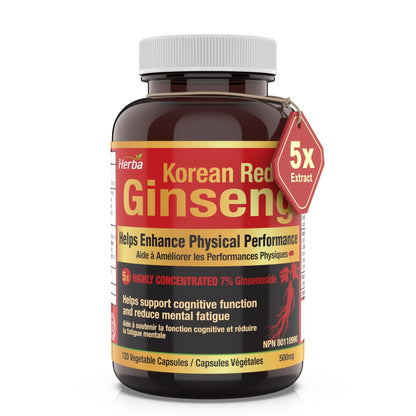 Korean Red Ginseng Extract Capsules – 5:1, 2500mg Equivalent | 120 Vegetable Capsules - Herba