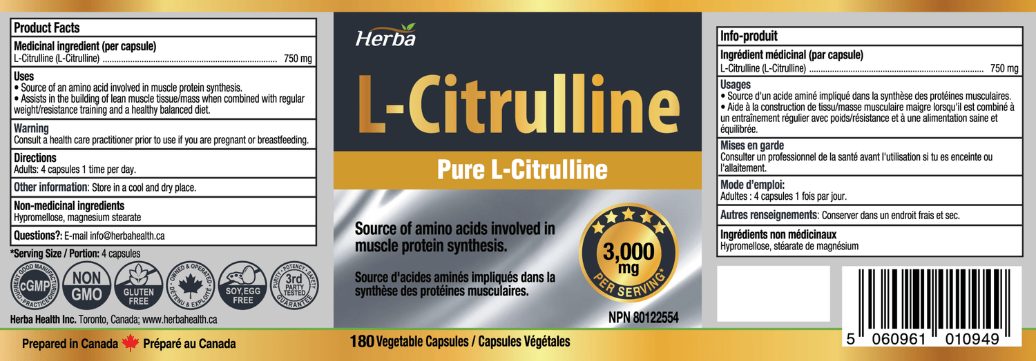 L - Citrulline Supplement 750mg – 180 Vegetable Capsules | Made in Canada - Herba