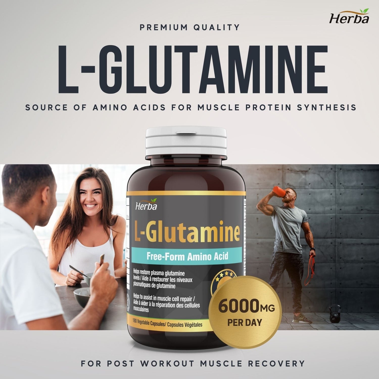 L - Glutamine Capsules 750mg – 180 Vegetable Capsules | 3,000mg Per Serving - Herba