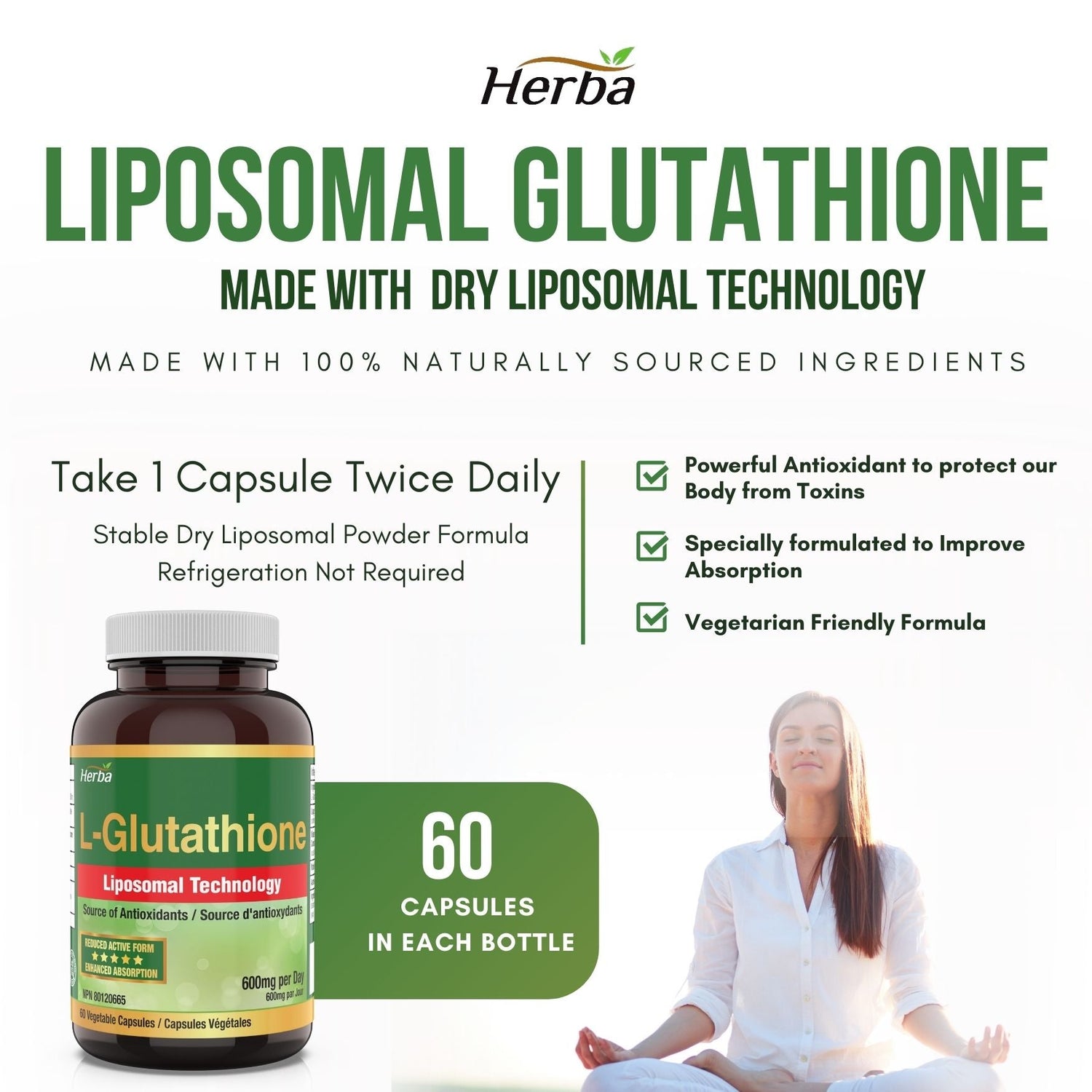 Liposomal Glutathione Supplement - 600mg Per Day | 60 Vegetable Capsules - Herba