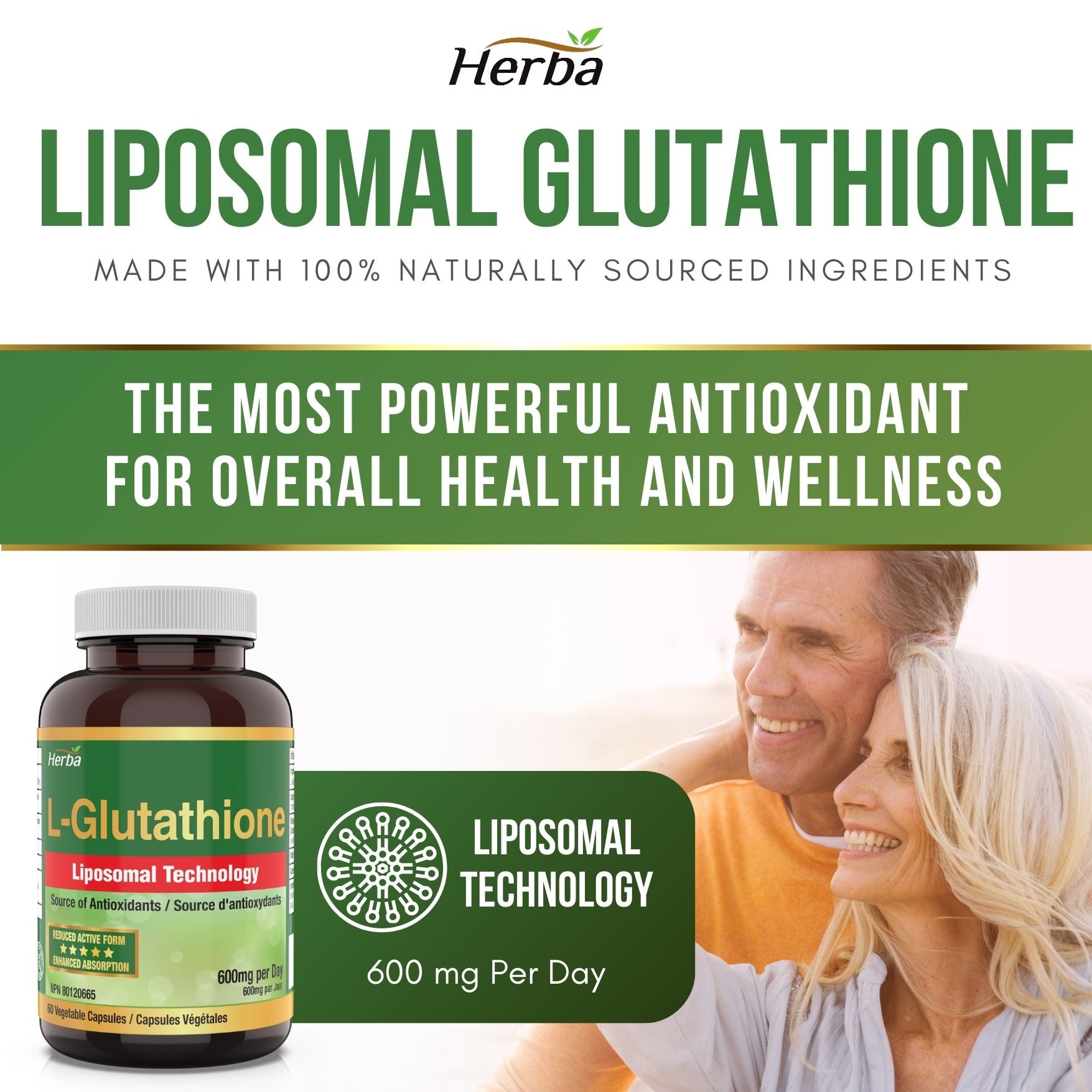 Liposomal Glutathione Supplement - 600mg Per Day | 60 Vegetable Capsules - Herba