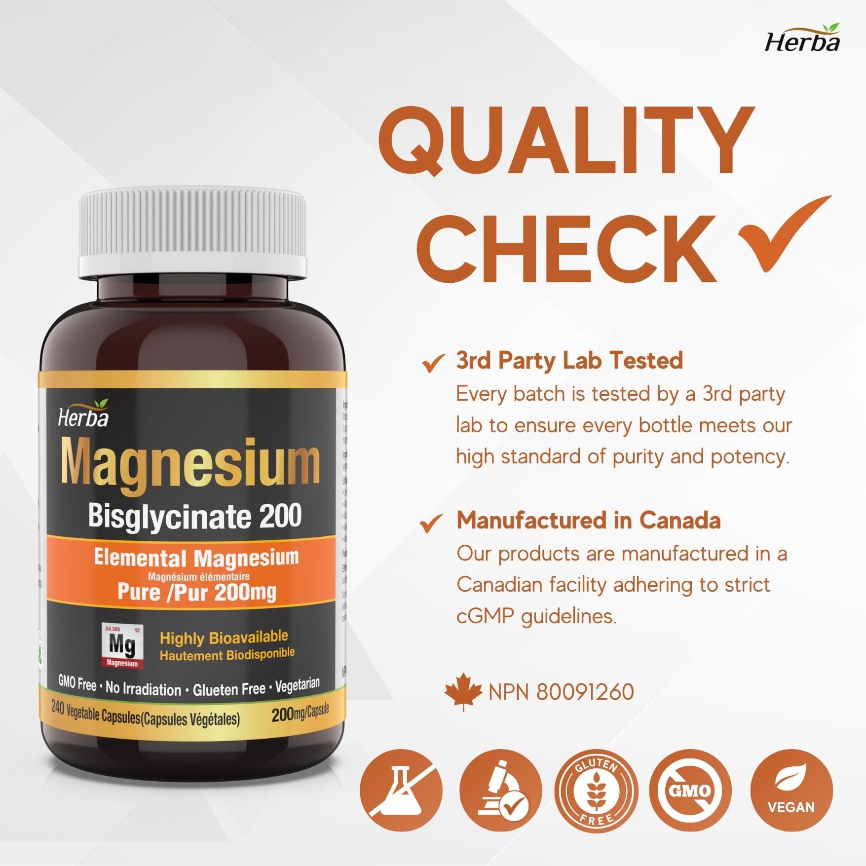 Magnesium Bisglycinate 200mg - 240 Vegetable Capsules - Herba