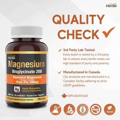 Magnesium Bisglycinate 200mg - 240 Vegetable Capsules - Herba