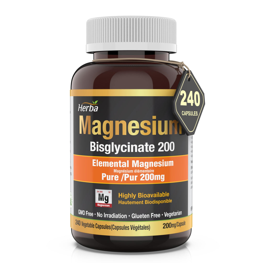 Magnesium Bisglycinate 200mg - 240 Vegetable Capsules - Herba