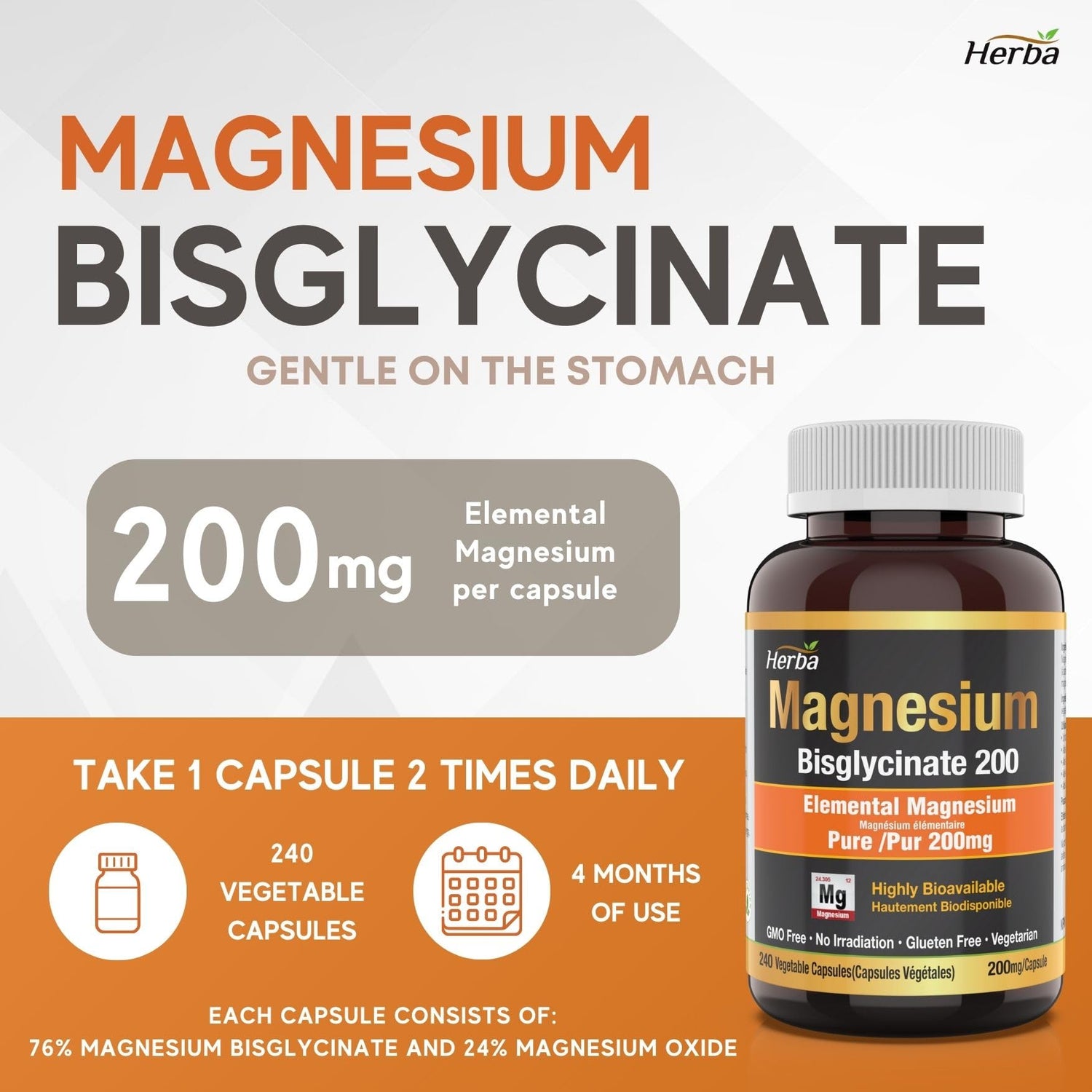 Magnesium Bisglycinate 200mg - 240 Vegetable Capsules - Herba