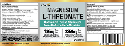 Magnesium L - Threonate Supplement – 186mg | Made in Canada | 90 Vegetable Capsules - Herba