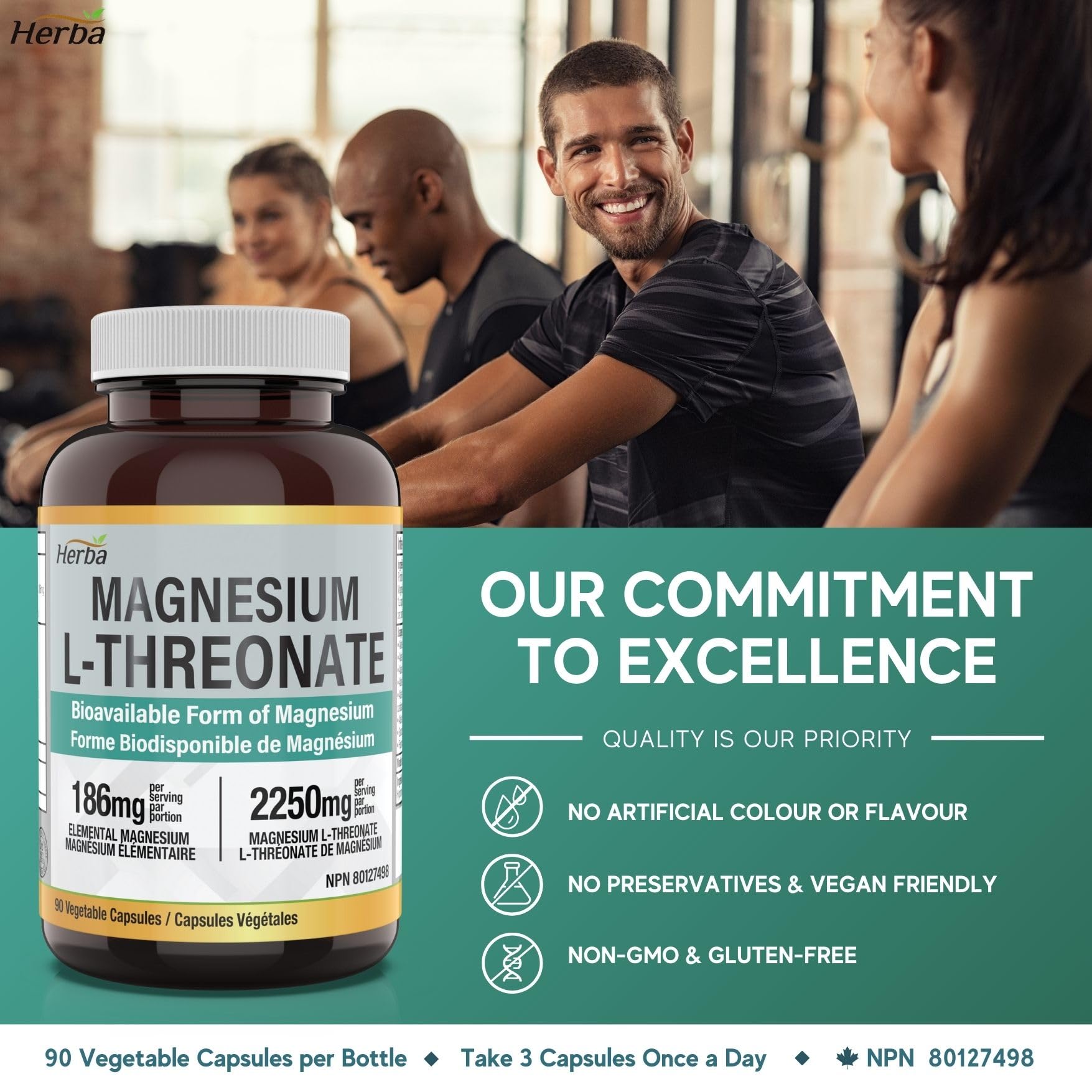 Magnesium L - Threonate Supplement – 186mg | Made in Canada | 90 Vegetable Capsules - Herba