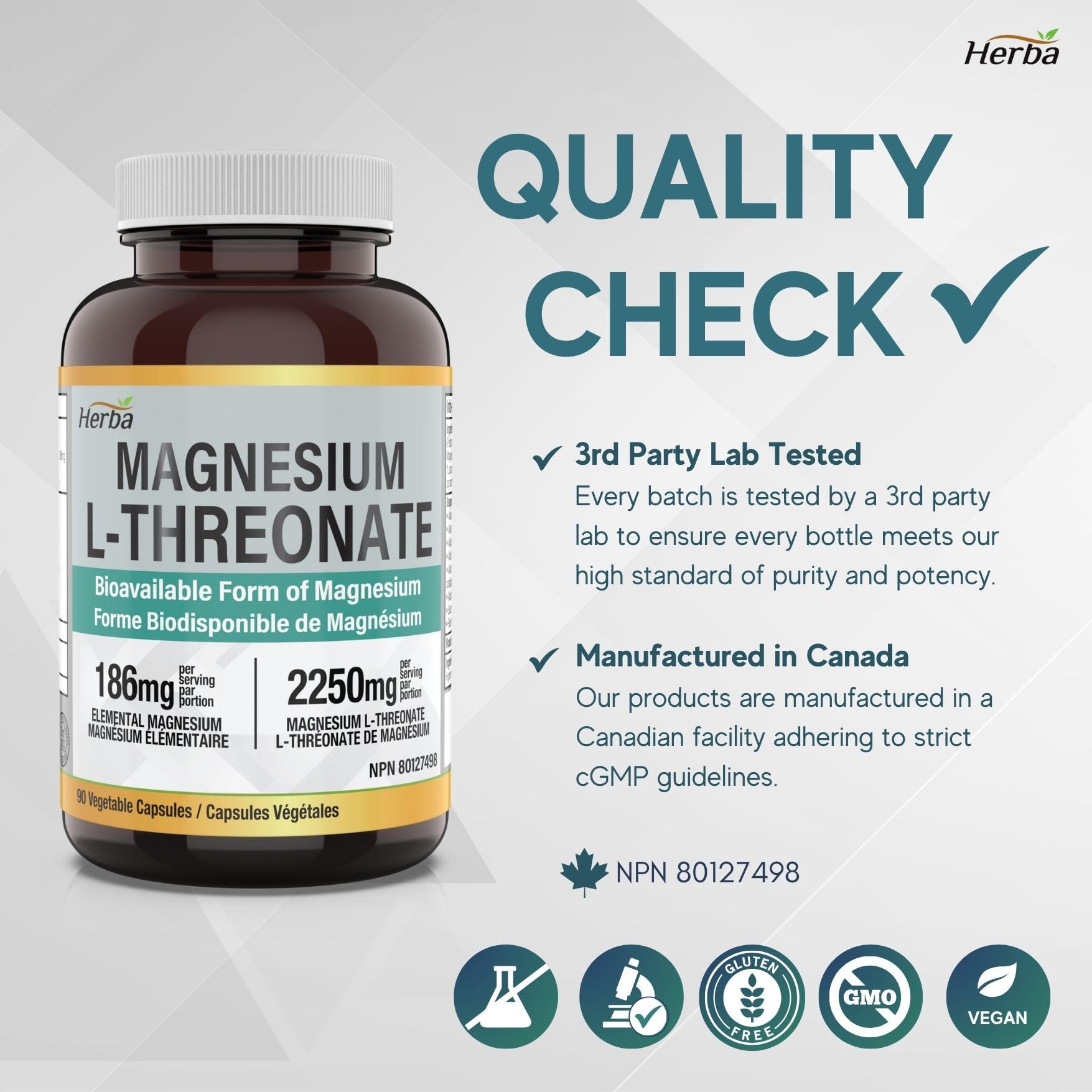 Magnesium L - Threonate Supplement – 186mg | Made in Canada | 90 Vegetable Capsules - Herba