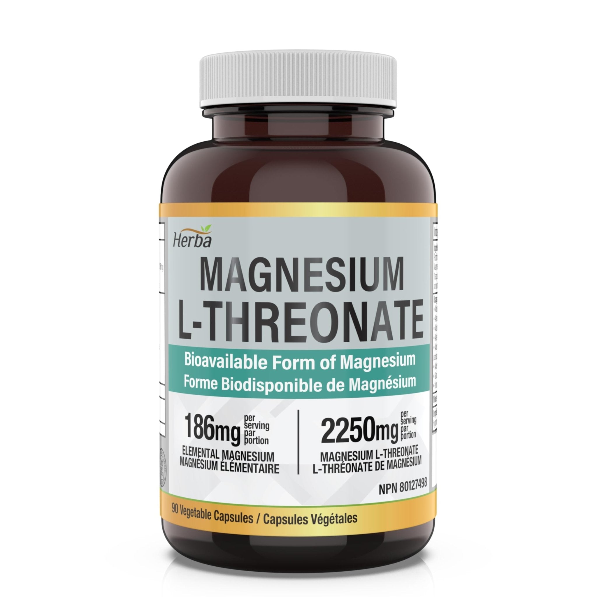 Magnesium L - Threonate Supplement – 186mg | Made in Canada | 90 Vegetable Capsules - Herba