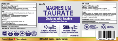 Magnesium Taurate Supplement 500mg - 180 Capsules | Made in Canada - Herba