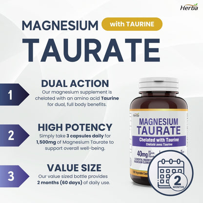 Magnesium Taurate Supplement 500mg - 180 Capsules | Made in Canada - Herba