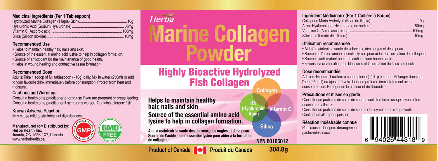 Marine Collagen Powder with Hyaluronic Acid, Silica, and Vitamin C – 304.8g - Herba