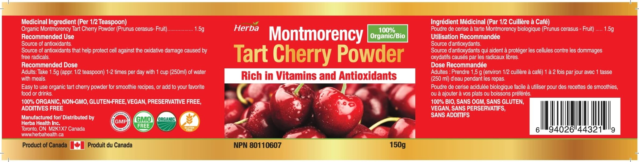 Montmorency Tart Cherry Powder – 150g | 100% Organic - Herba