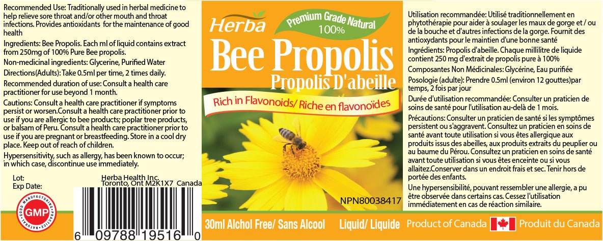 Natural Bee Propolis Liquid, Alcohol - Free, 30mL - Herba