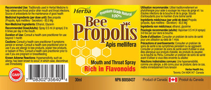 Natural Bee Propolis Throat Spray, Alcohol - based, 30mL - Herba