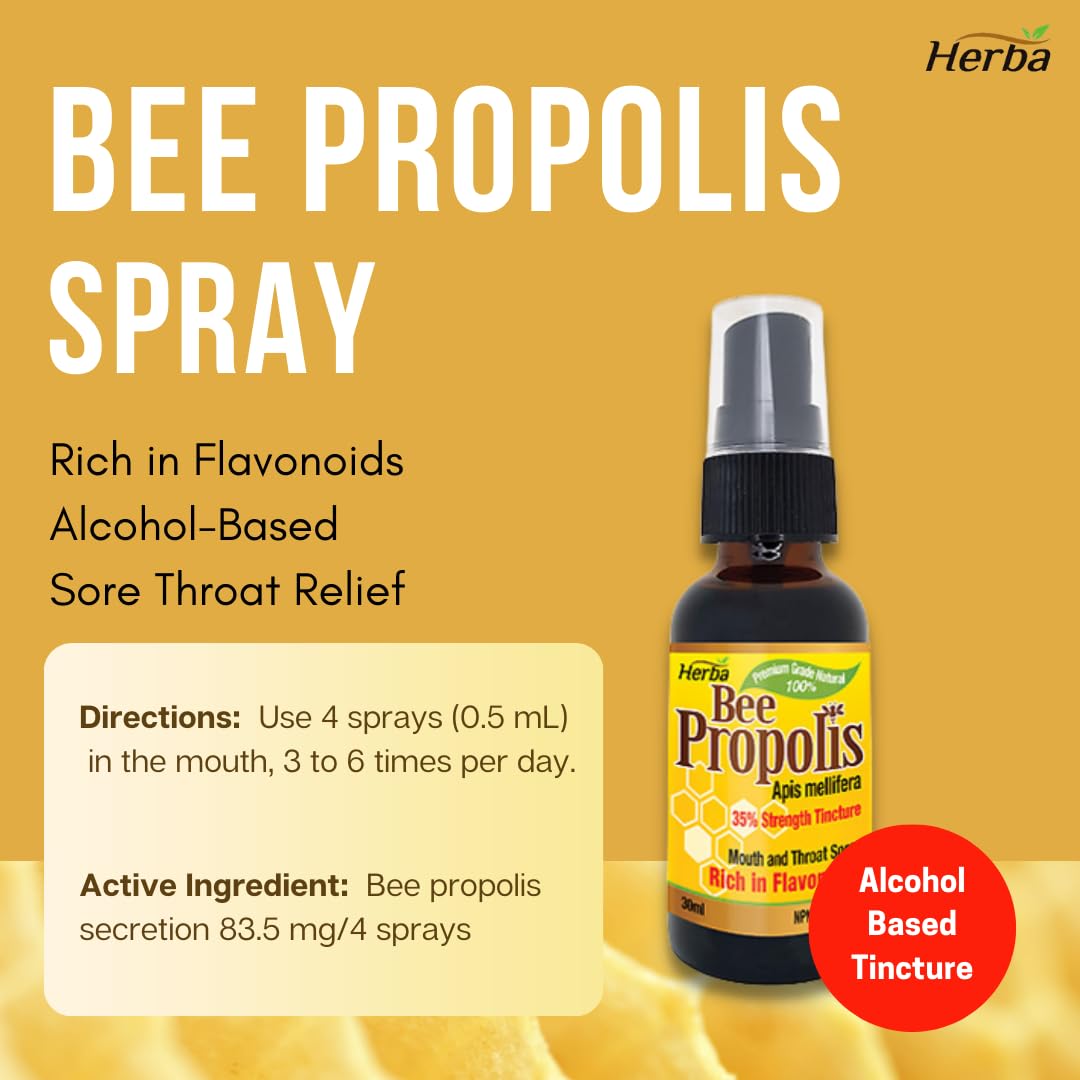 Natural Bee Propolis Throat Spray, Alcohol - based, 30mL - Herba