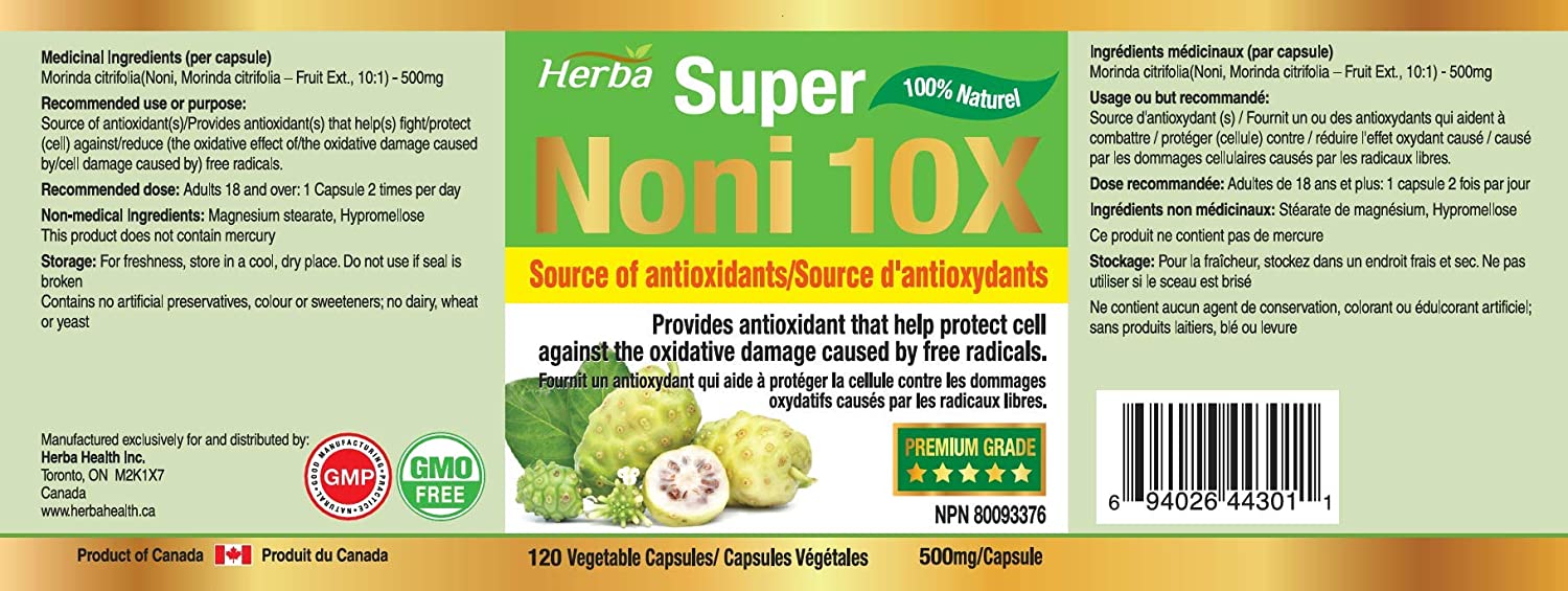 Natural Noni Capsules 10X - 120 Vegan Capsules | 10,000mg Per Day | 10:1 Concentration - Herba