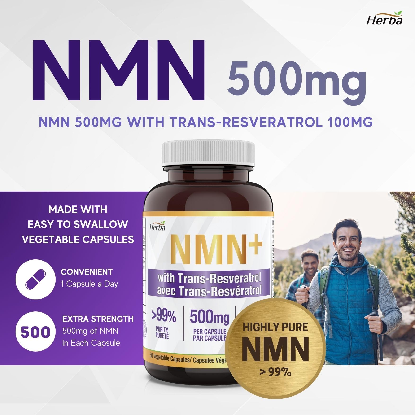 NMN Supplement + Resveratrol - 600mg | Made in Canada | 30 Vegetable Capsules - Herba