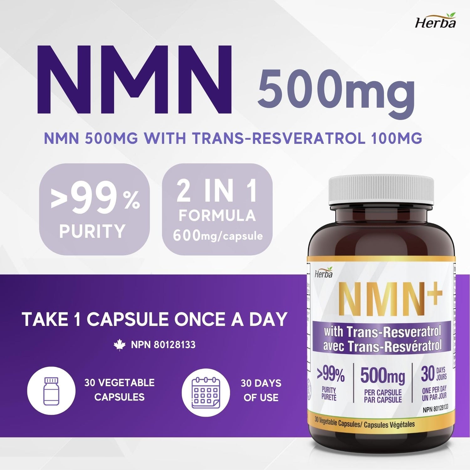 NMN Supplement + Resveratrol - 600mg | Made in Canada | 30 Vegetable Capsules - Herba