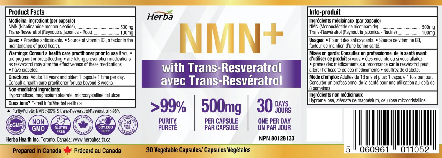 NMN Supplement + Resveratrol - 600mg | Made in Canada | 30 Vegetable Capsules - Herba