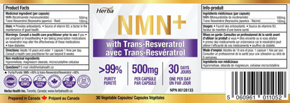 NMN Supplement + Resveratrol - 600mg | Made in Canada | 30 Vegetable Capsules - Herba