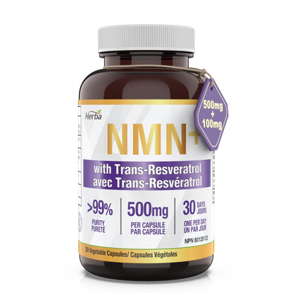 NMN Supplement + Resveratrol - 600mg | Made in Canada | 30 Vegetable Capsules - Herba