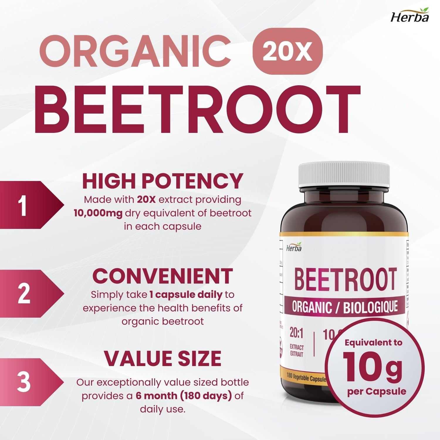 Organic Beet Root Supplement - 180 Capsules | 10,000mg Equivalent - 20:1 Extract Beetroot | Made in Canada - Herba