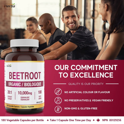 Organic Beet Root Supplement - 180 Capsules | 10,000mg Equivalent - 20:1 Extract Beetroot | Made in Canada - Herba