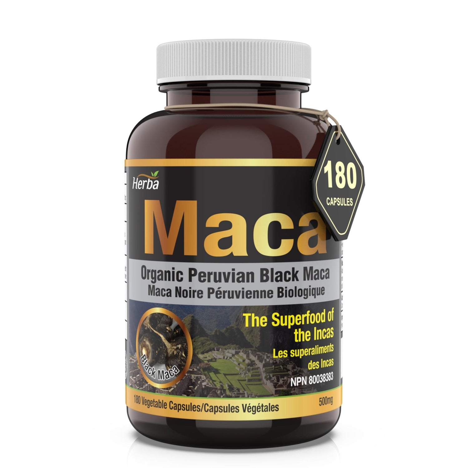 Organic Black Maca Capsules - 500mg, 180 Capsules | Peruvian Black Maca - Herba