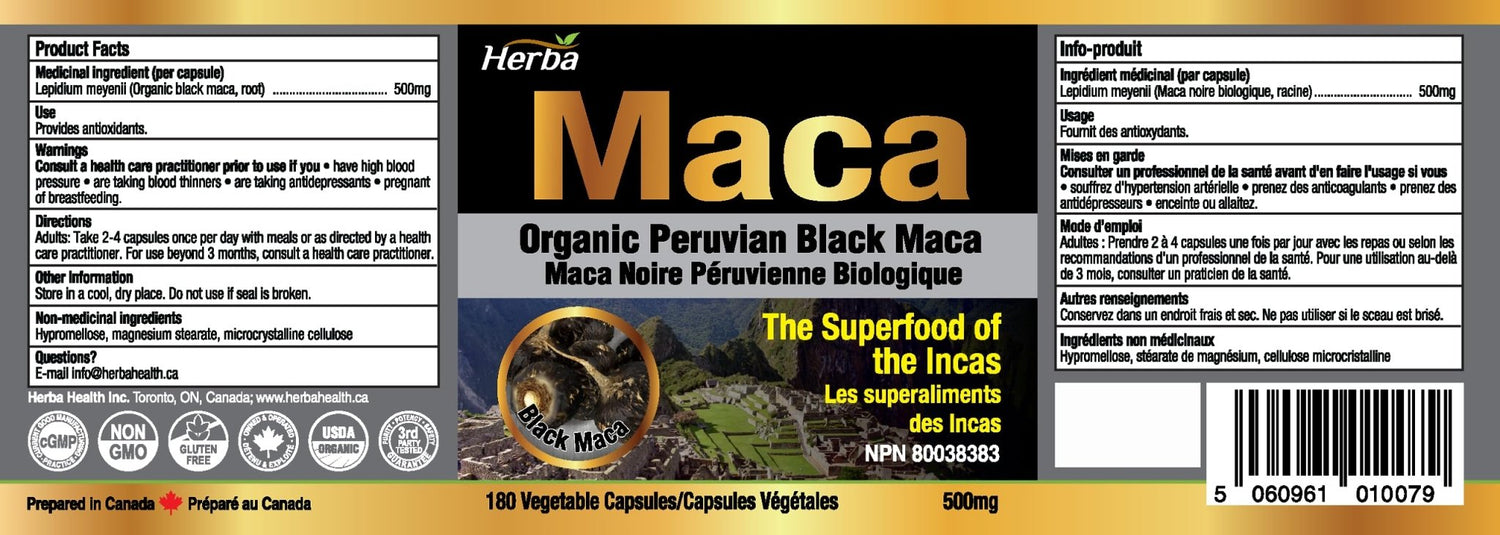 Organic Black Maca Capsules - 500mg, 180 Capsules | Peruvian Black Maca - Herba