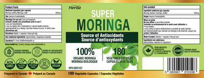 Organic Moringa Leaf Capsules - 180 Vegetable Capsules | 1000mg Per Day - Herba