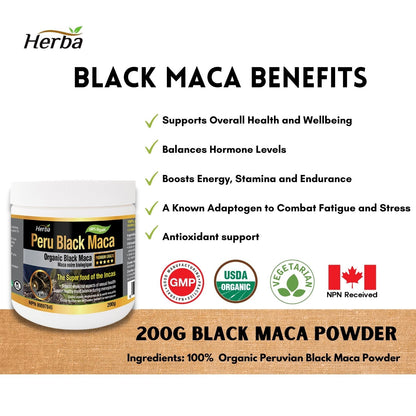 Organic Peru Black Maca Powder - 200g - Herba