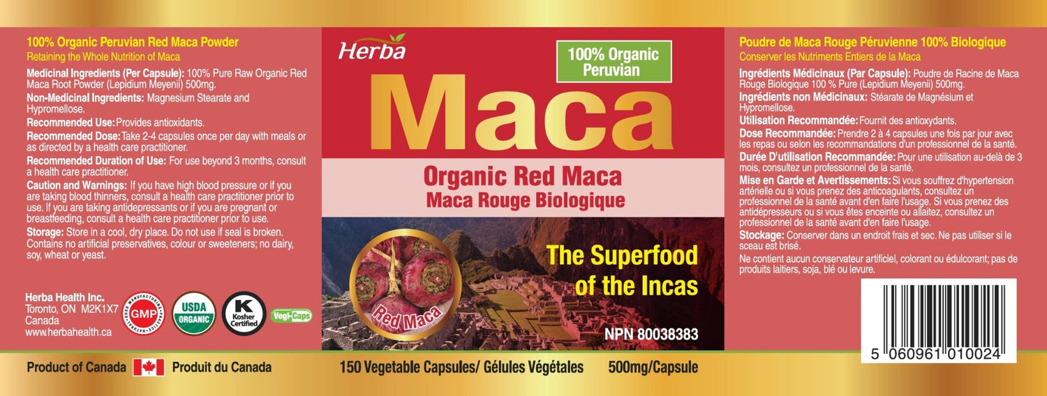 Organic Red Maca Capsules for Women – 500mg, 150 Capsules - Herba