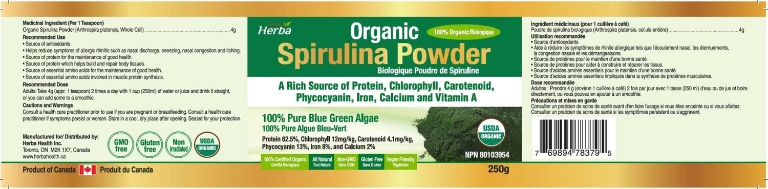 Organic Spirulina Powder 250g - Certified Organic - Herba