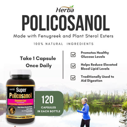 Policosanol 20mg with Fenugreek and Plant Sterol Esters - 120 Vegetable Capsules - Herba