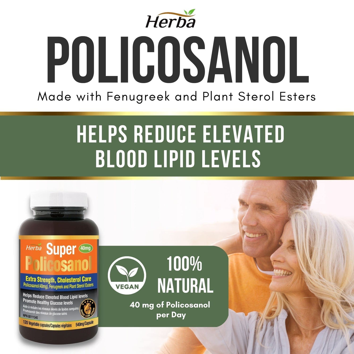 Policosanol 40mg with Fenugreek and Plant Sterol Esters - 120 Vegetable Capsules - Herba